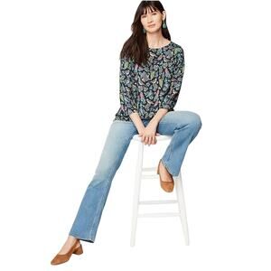 J. Jill Women's Small Blue Blouse Top 3/4 Sleeve Lightweight Floral Birds